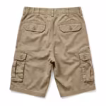Men's work cargo shorts in khaki heavy cotton twill, back view with two buttoned flap back pockets, belt loops and the bellows cargo pockets at the sides