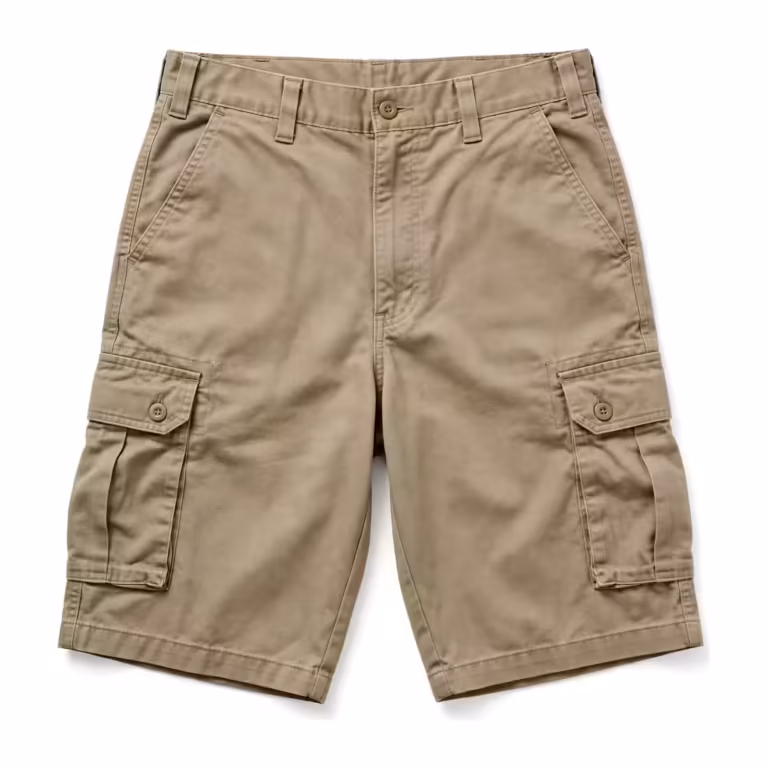 Men's work cargo shorts in khaki heavy cotton twill, full front view with button waistband, belt loops, slanted pockets and bellows cargo pockets with flaps and buttons at both sides