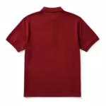 Back view of the burgundy men's work polo shirt with plain back panel, the collar seen from behind and a flat stitched hem