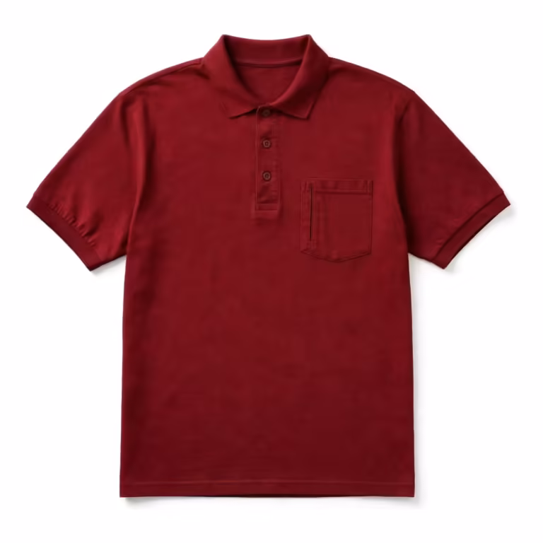 Men's work polo shirt in burgundy heavyweight cotton pique with ribbed collar, three-button reinforced placket and a chest pocket with pen slot, full front view