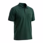 Men's work polo shirt in forest green pique, three-quarter angle view showing the collar, reinforced placket and chest pocket with pen slot