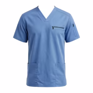 Ceil blue men's scrub top in poly-cotton twill, full front view with V-neck, a zipped chest pocket, a zipped sleeve pocket and two open patch pockets at the hips