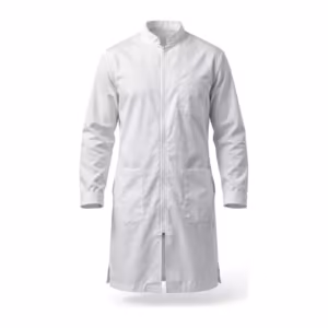 Men's white zipper smock lab coat in poly-cotton poplin, full front view with stand collar, full-length front zip, one chest pocket and two large lower patch pockets