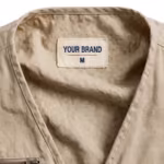 Close-up of the inside back neck of the stone cotton canvas multi pocket utility vest showing the cream woven YOUR BRAND label with navy lettering, a red rule line and the size M mark, stitched flat into the centre of the inside back neck
