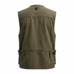 Multi pocket utility vest in olive cotton canvas, back view with shoulder yoke seam, neck hanging loop, full width zip document pocket and waist adjustment tabs