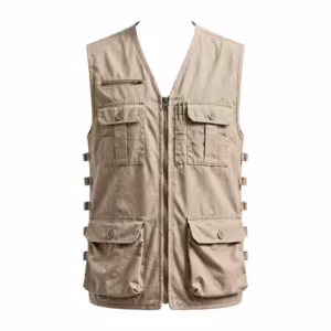 Multi pocket utility vest in stone cotton canvas, full front view with zip front, chest zip pocket, two flap chest pockets with pen slots and two large bellows pockets