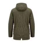 Men's hooded parka in olive cotton twill, back view with shoulder yoke, drawstring waist channel and centre back vent