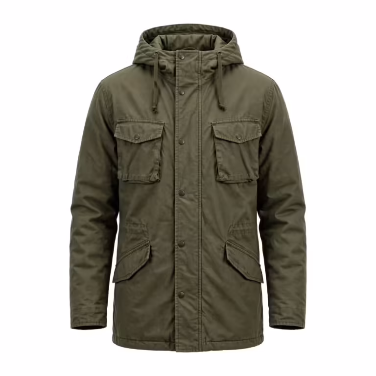 Men's hooded parka in olive cotton twill, full front view with snap storm flap, two bellows chest pockets and two lower flap pockets
