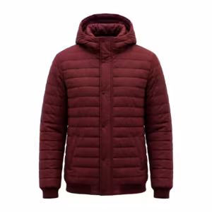 Padded jacket in burgundy quilted matte shell cloth, full front view with hood up, snap storm placket over the front zip and two side pockets