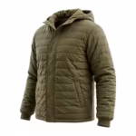 Padded jacket in olive quilted cloth, three-quarter angle view showing the snap storm placket, side pocket and hood behind the collar