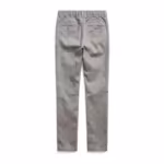 Men's trousers in light grey cotton twill, back view with yoke, two buttoned welt back pockets and belt loops