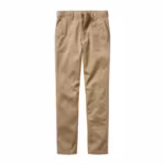 Men's flat-front chino pants in khaki cotton twill, full front view with slanted pockets, button fly and belt loops - the lead style of the pants range