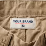Close-up of the inside back waistband of the men's khaki chino pants showing the cream woven YOUR BRAND label with navy lettering, a red rule line and the size 32 mark, stitched into the waistband