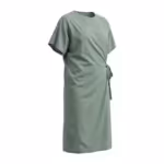 Sage green patient gown in poly-cotton, three-quarter angle view with snap fasteners along the shoulder and sleeve for IV access, wrap front with side tie and round neckline