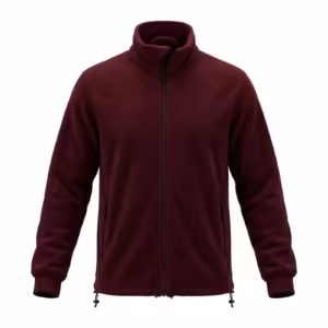 Men's full-zip polar fleece jacket in burgundy, full front view with a stand collar, full-length zip closed to the top, two zipped hand pockets, ribbed cuffs and a drawcord hem