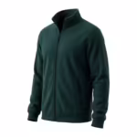 Men's full-zip polar fleece jacket in forest green, three-quarter view showing the stand collar, the full-length front zip, a zipped hand pocket and ribbed cuffs