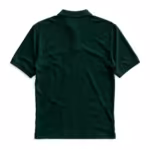 Back view of the forest green classic polo shirt with plain back panel, the collar seen from behind and a flat stitched hem