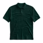 Men's classic polo shirt in forest green cotton pique with flat knitted collar, two-button placket and ribbed sleeve cuffs, full front view