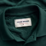 Close-up of the inside back neck of the men's forest green classic pique polo shirt showing the cream woven YOUR BRAND label with navy lettering, a red rule line and the size M mark, stitched into the inside back neck just below the collar band