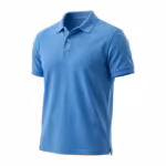Men's classic polo shirt in sky blue cotton pique, three-quarter angle view showing the collar, two-button placket and side vent
