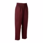 Ladies smocked waistband pants in burgundy cotton poplin, three-quarter ghost form view showing the deep shirred elastic waistband with no drawstring, the centre front seam and the side pocket in profile