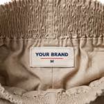 Close-up of the inside back waistband of the ladies smocked waistband pants in stone beige cotton poplin, showing the cream woven YOUR BRAND label with navy lettering, a red rule line and the size M mark, stitched into the waistband
