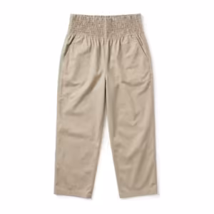 Ladies smocked waistband pants in stone beige cotton poplin, full front view with a deep shirred elastic waistband, side seam pockets and straight legs