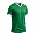 Men's soccer jersey in bright green polyester eyelet mesh, three-quarter angle view with short sleeves, white ribbed V-neck collar and white sleeve cuffs, plain blank chest
