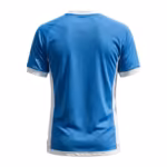 Back view of the men's team soccer jersey in sky blue polyester eyelet mesh, plain blank back panel with a wide empty space for a player number, white side panels and a stitched hem