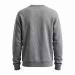 Men's crew neck sweatshirt in grey marl brushed fleece, back view with a plain back panel, the ribbed crew neck band seen from behind, ribbed cuffs and a ribbed hem band