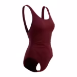 Ladies one-piece swimsuit in burgundy nylon-elastane swim knit, three-quarter angle view showing the scoop neckline, wide straps, deep scoop back and covered elastic leg openings