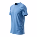 Sky blue classic crew neck t-shirt, three-quarter angle view showing the regular fit body, ribbed crew neck and short sleeves