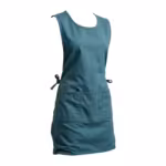 Teal work tabard with pockets, three-quarter angle view showing the scoop neck, divided front pocket band and side tie