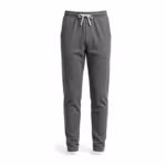 Men's smooth knit track pants in grey marl interlock, full front view with an elastic waistband, white flat drawcord, two slanted side pockets, a tapered leg and plain open hems