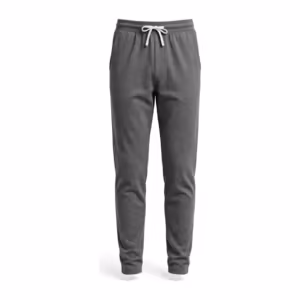 Men's smooth knit track pants in grey marl interlock, full front view with an elastic waistband, white flat drawcord, two slanted side pockets, a tapered leg and plain open hems