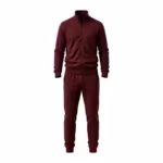 Men's two-piece tracksuit in burgundy smooth tricot, full front view of the matched set: a full-zip jacket with a ribbed stand collar, ribbed cuffs and a ribbed hem band, worn with tapered track pants with ribbed ankle cuffs