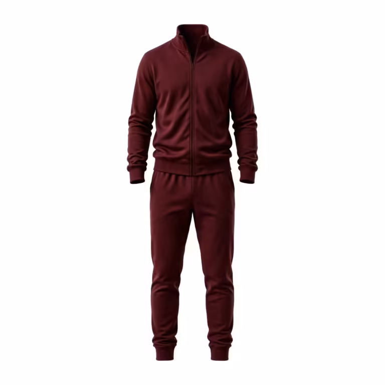 Men's two-piece tracksuit in burgundy smooth tricot, full front view of the matched set: a full-zip jacket with a ribbed stand collar, ribbed cuffs and a ribbed hem band, worn with tapered track pants with ribbed ankle cuffs