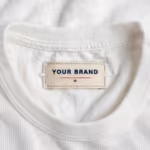 Close-up of the inside back neck of the white cotton rib knit vest showing the cream woven YOUR BRAND label with navy lettering, a red rule line and the size M mark, stitched into the inside back neck just below the neckband