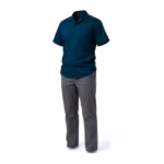 Deep teal staff uniform shirt in poly-cotton twill over grey flat-front trousers, three-quarter angle view of the coordinated uniform set