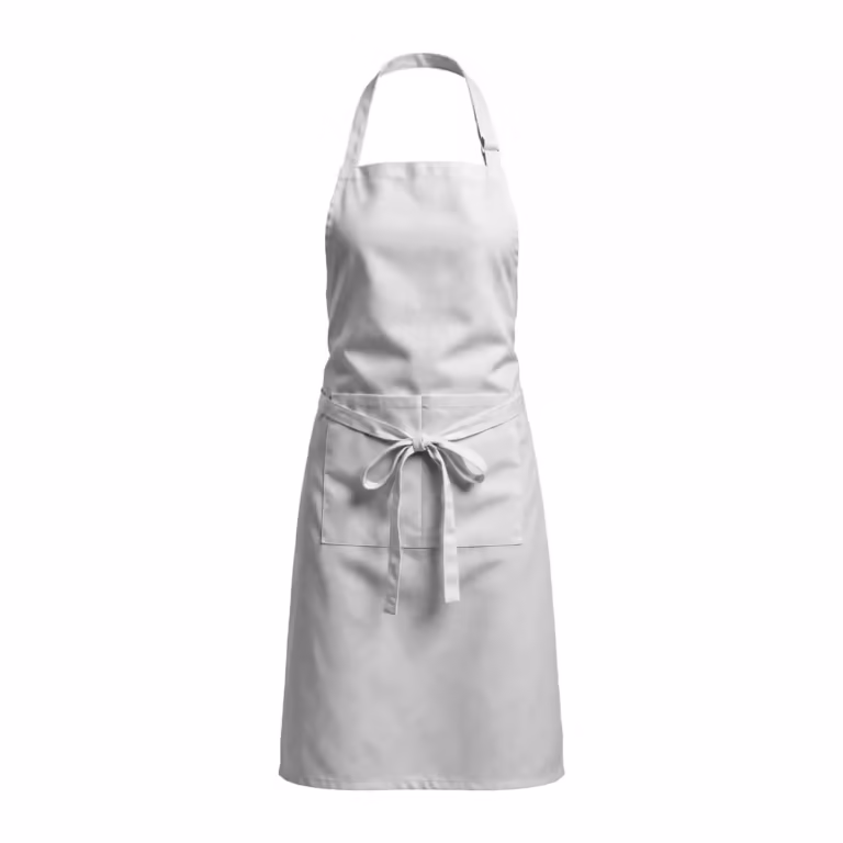 White tapered bib apron in poly-cotton, full front view with adjustable neck strap, wide divided front pocket and long waist ties knotted in a bow at the front