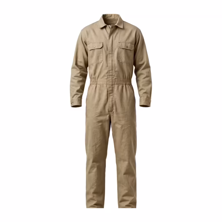 Men's one-piece work coverall in khaki cotton twill, full front view with stand collar, concealed two-way zip under a snap storm flap, two chest pockets with flaps and elastic waist sections