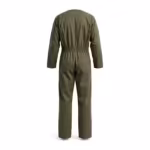 Men's one-piece work coverall in olive cotton twill, back view with bi-swing action pleats at the shoulders, a wide elasticated back waistband and one back pocket