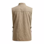 Work vest in khaki cotton twill, back view with shoulder yoke seam, plain back panel for a company name and side waist adjustment tabs