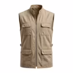 Work vest in khaki cotton twill, full front view with full length zip front, stand collar, two chest pockets with flaps, two lower patch pockets and side waist tabs